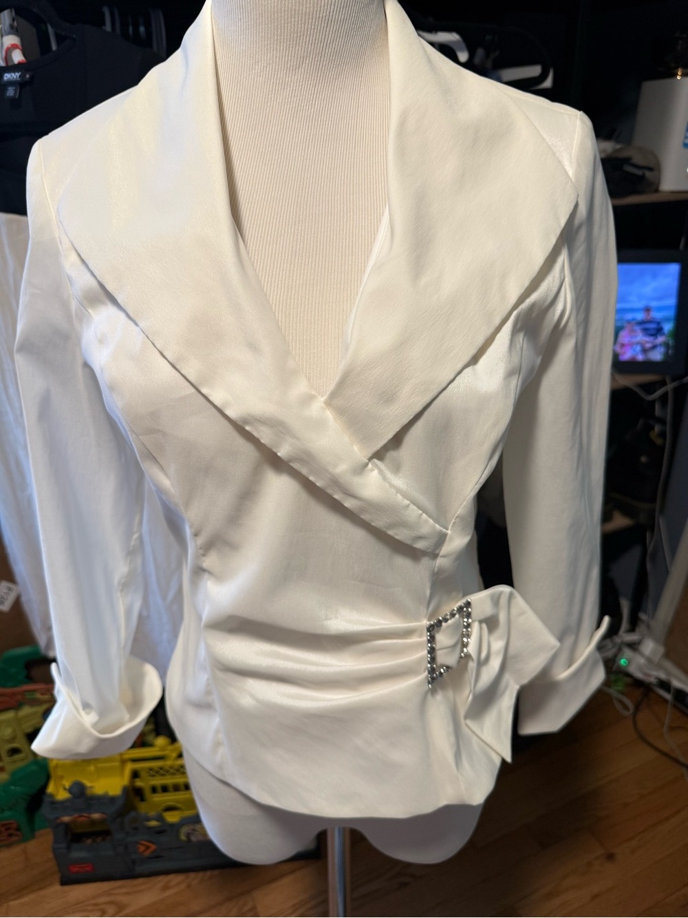 Xscape White Satin Wrap Blouse with Rhinestone like Buckle